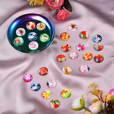 100Pcs Flower Printed Glass Cabochons sgGGLA-SZ0001-19-1