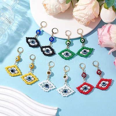 Glass Seed Bead Evil Eye Hoop Earrings EJEW-MZ00272-1