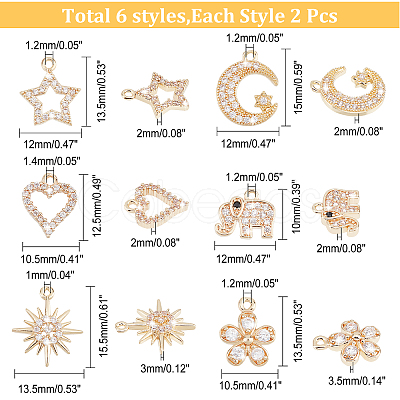 ARRICRAFT 12Pcs 6 Style Rack Plating Brass Micro Pave Cubic Zirconia Charms ZIRC-AR0001-17-1