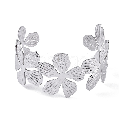 Non-Tarnish Flower 304 Stainless Steel Open Cuff Bangles for Women BJEW-M313-05P-1