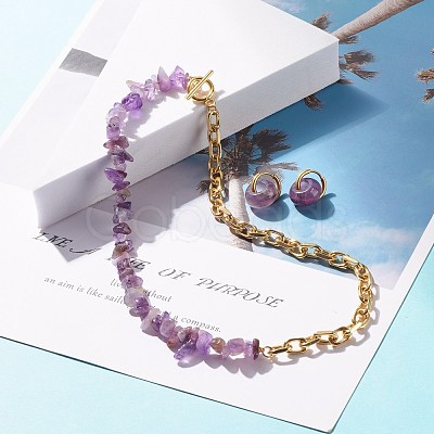 Natural Amethyst Chip Beads Jewelry Set SJEW-JS01223-01-1