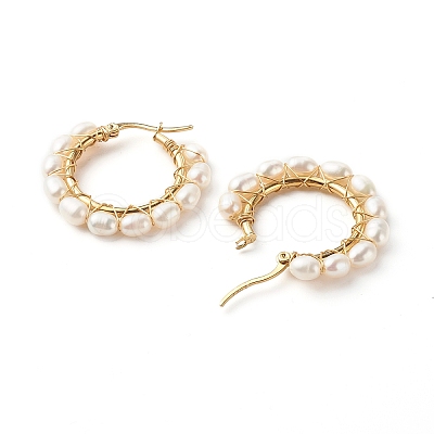 Natural Pearl Beads Brass Hoop Earrings EJEW-JE04565-1