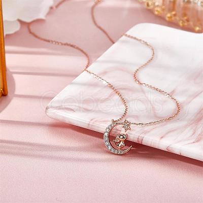 Chinese Zodiac Necklace Mouse Necklace 925 Sterling Silver Rose Gold Rat on the Moon Pendant Charm Necklace Zircon Moon and Star Necklace Cute Animal Jewelry Gifts for Women JN1090A-1