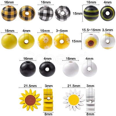 50Pcs 10 Styles Sunflower Theme Printed Wood Beads WOOD-CJ0001-78-1