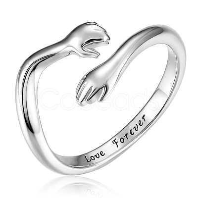 Anti-Tarnish Rhodium Plated 925 Sterling Silver Hug Hands Open Cuff Ring with Love Forever for Women JR860A-1