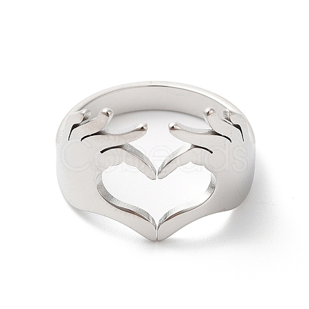 Non-Tarnish 304 Stainless Steel Hand Heart Open Cuff Ring for Women RJEW-K245-45P-1