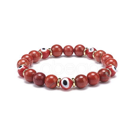 Natural Red Jasper & Lampwork Evil Eye Round Beaded Stretch Bracelet BJEW-JB08713-03-1