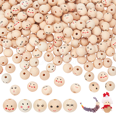 Nbeads 250Pcs 5 Styles Printed Natural Wood European Beads WOOD-NB0002-63-1