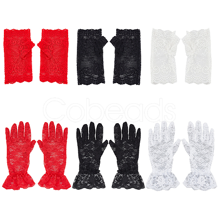 AHADERMAKER 6 Pairs 6 Style Flower Pattern Lace Gloves AJEW-GA0006-10-1