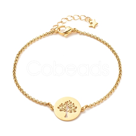 201 Stainless Steel Tree of Life Link Bracelet with 304 Stainless Steel Box Chains for Women BJEW-JB08281-01-1