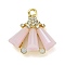 Rack Plating Alloy Glass Pendants, with Rhinestones, Lead Free & Cadmium Free, Fan, Golden, Pink, 23x22x6.5mm, Hole: 2.3mm