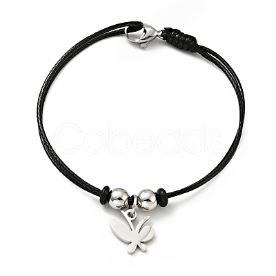 304 Stainless Steel Butterfly Charm Bracelet with Waxed Cord for Women BJEW-A125-20-1