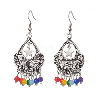 Dyed Natural Malaysia Round Beaded Alloy Teardrop Chandelier Earrings EJEW-JE05205-1