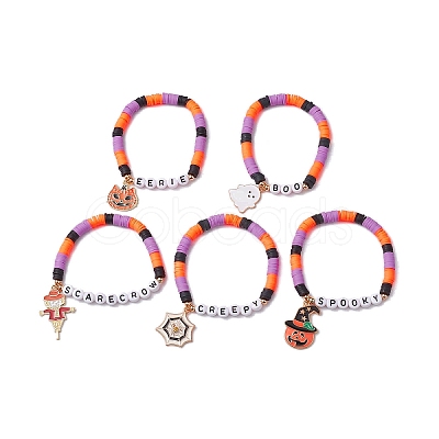 Pumpkin & Spider Web Alloy Enamel Charm Bracelets BJEW-JB10886-1