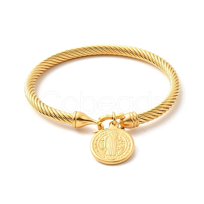 Ion Plating(IP) 304 Stainless Steel Saint Benedict Charms Twist Rope Bangle for Women BJEW-P283-06G-1