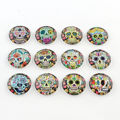 Half Round/Dome Candy Skull Pattern Glass Flatback Cabochons for DIY Projects X-GGLA-Q037-25mm-12-1