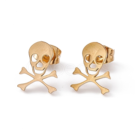 304 Stainless Steel Tiny Hollow Out Skull Stud Earrings for Women STAS-A065-07G-1
