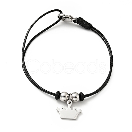 304 Stainless Steel Crown Charm Bracelet with Waxed Cord for Women BJEW-A125-19-1