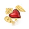 Rack Plating Brass Clear Cubic Zirconia Open Cuff Rings, Enamel Sacred Heart Ring for Women, Cadmium Free & Lead Free, Long-Lasting Plated, Real 18K Gold Plated, FireBrick, Adjustable, heart: 37.5x34mm