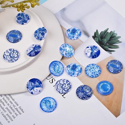 Blue and White Printed Glass Cabochons sgGGLA-SZ0001-13-1