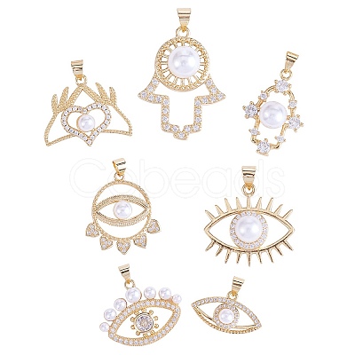 7Pcs 7 Styles Rack Plating Brass Micro Pave Clear Cubic Zirconia Charms ZIRC-SZ0004-87-1