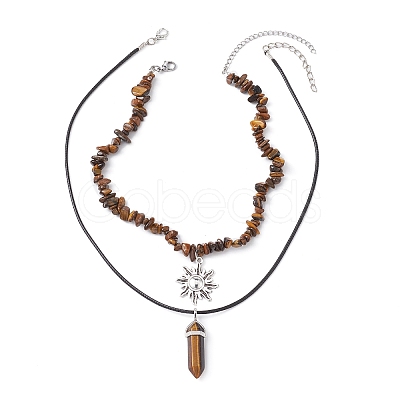 2Pcs 2 Style Natural Tiger Eye Bullet & Alloy Sun Pendant Necklaces Set NJEW-JN04514-03-1