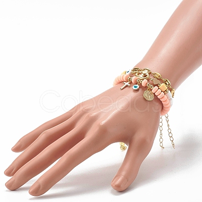 5Pcs 5 Style Handmade Polymer Clay Stretch & Brass Beaded & Alloy Link Chain Bracelets Set BJEW-SZ0001-66A-1