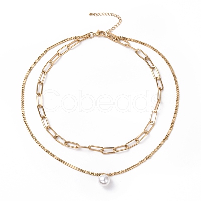 PVD Vacuum Plating 304 Stainless Steel Double Chains Multi Layered Necklaces Necklace with Plastic Pearl Charm for Women STAS-E155-02G-1