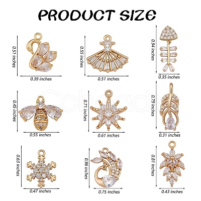 9Pcs 9 Style Brass Micro Pave Clear Cubic Zirconia Pendants KK-SZ0005-44-1