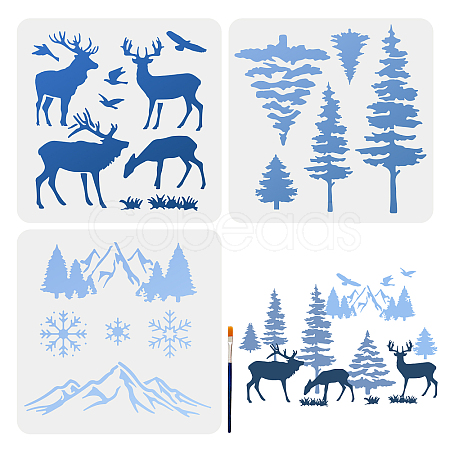 MAYJOYDIY US 3Pcs 3 Styles Mountain Forest Deer PET Hollow Out Drawing Painting Stencils DIY-MA0001-70A-1