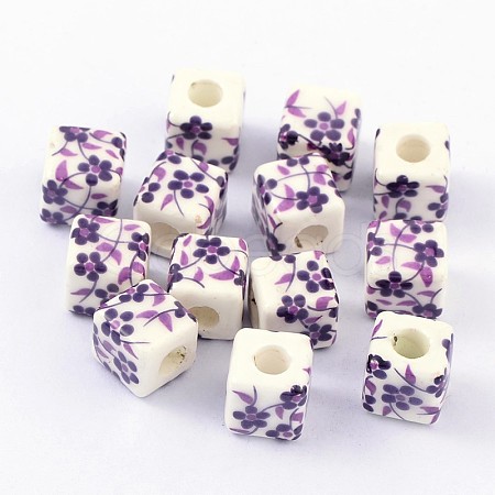 Indigo Plum Flower Handmade Printed Porcelain Ceramic Beads X-PORC-Q157-1-1