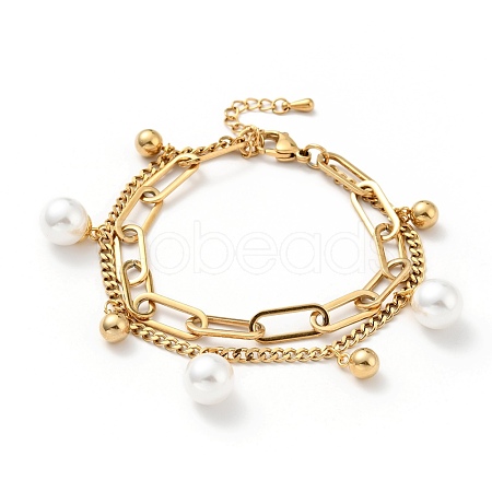 Plastic Pearl and Round Ball Charm Multi-strand Bracelet BJEW-G639-10G-1