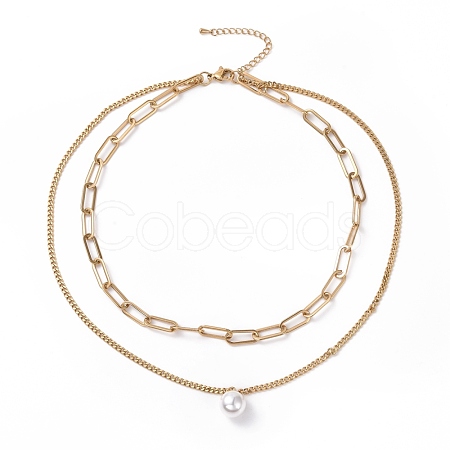 Vacuum Plating 304 Stainless Steel Double Chains Multi Layered Necklaces Necklace with Plastic Pearl Charm for Women STAS-E155-02G-1