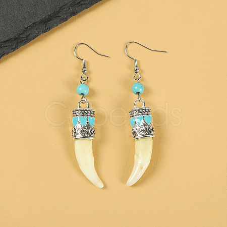 Natural Gemstone Wolf Tooth Shape Dangle Earrings with Real Tibetan Mastiff Dog Tooth FX9729-1-1