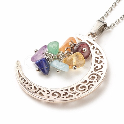 Natural Mixed Gemstone Chips Cluster with Moon Pendant Necklace NJEW-JN03867-1