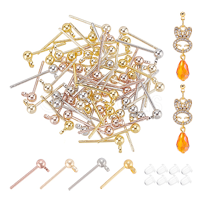 BENECREAT 64Pcs 4 Colors Brass Ball Stud Earring Post KK-BC0009-89-1