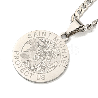 Non-Tarnish Flat Round with Saint Miller Archangel Pendant Necklaces NJEW-S422-03P-1