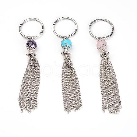 316 Surgical Stainless Steel Keychain with Iron Twisted Chains Tassels and Gemstone Beads KEYC-JKC00072-1