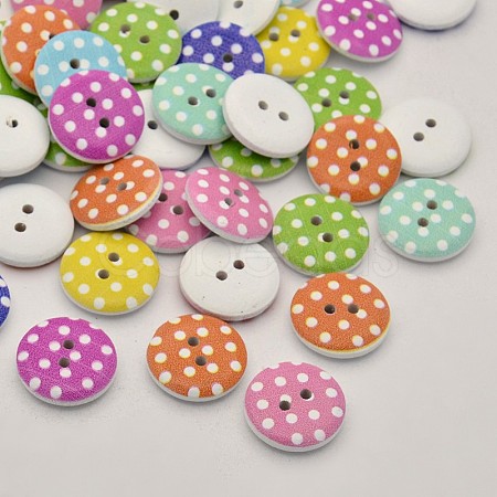 Flat Round 2-Hole Dot Printed Wooden Buttons X-BUTT-P010-58B-1