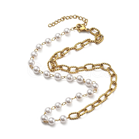 Ion Plating(IP) 304 Stainless Steel Paperclip & Plastic Pearl Beaded Chain Necklaces NJEW-E098-05G-1